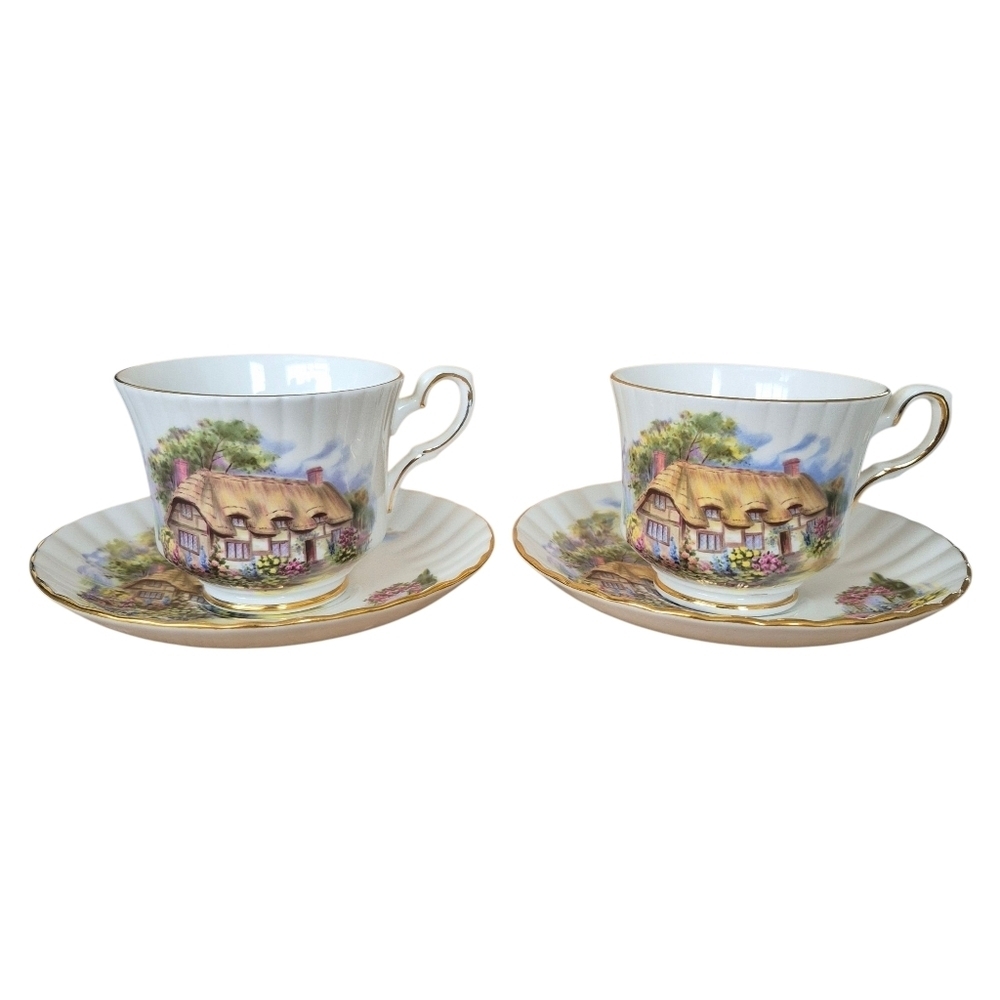 Vintage Royal Stafford Bone China Cottage Scene Tea Cup & Saucer Set Of 2